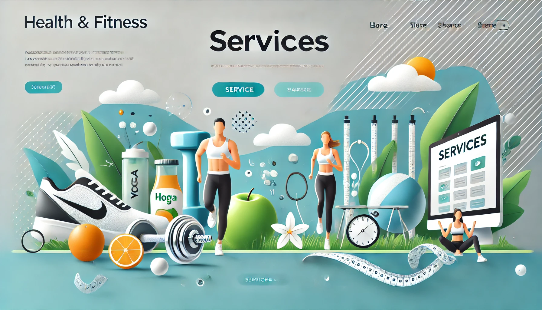 "A clean and modern services page banner for a health and fitness website, featuring a minimalistic design with a combination of fresh colors and professional typography."