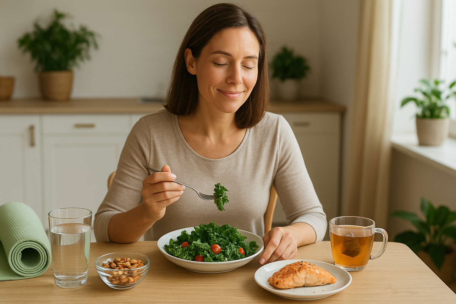 Woman enjoying a balanced diet and healthy lifestyle for hormonal health