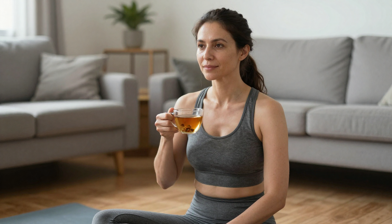 A calm woman sitting at home, facing forward, surrounded by wellness elements, promoting reproductive health and well-being.