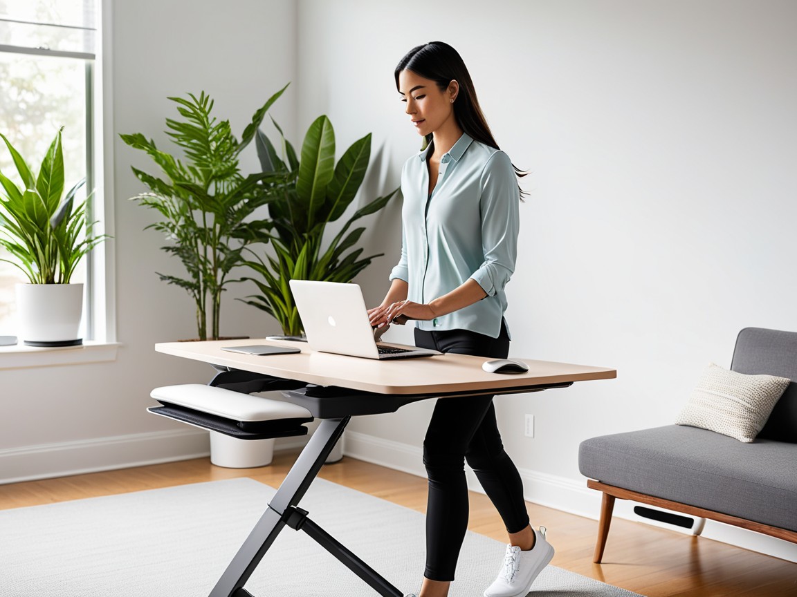 Person using a walking pad under a standing desk in a modern home office setup