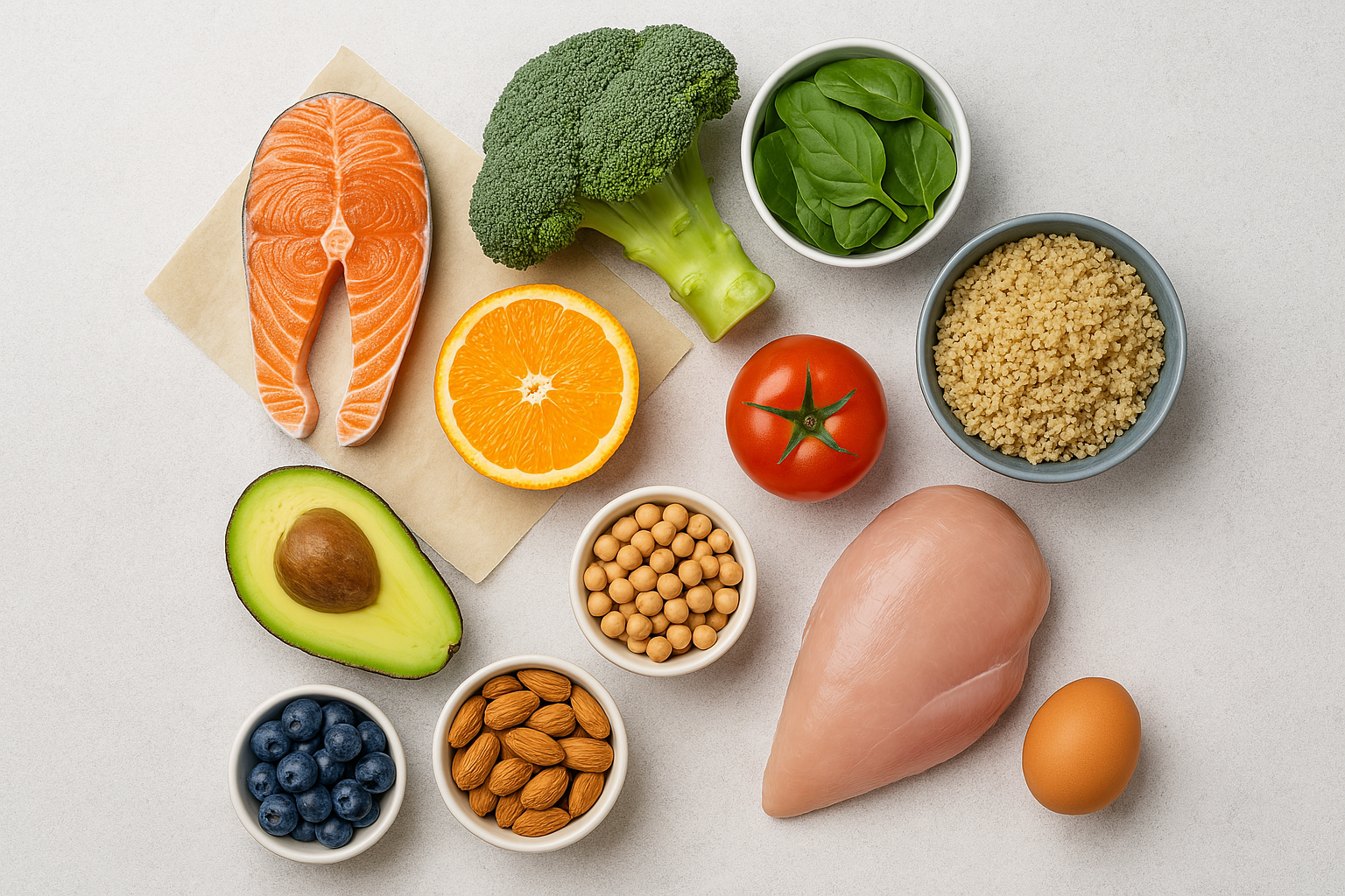 "Healthy recipes for a better lifestyle featuring fresh salmon, chicken, quinoa, avocado, almonds, blueberries, and vegetables."