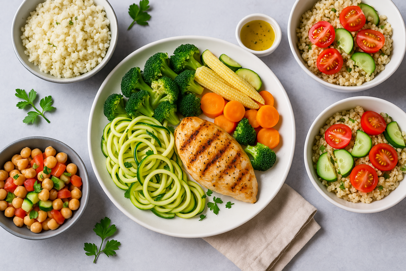 A colorful variety of nutritious low-calorie meals including grilled salmon, fresh salads, and veggie stir-fry, beautifully plated for a healthy lifestyle.