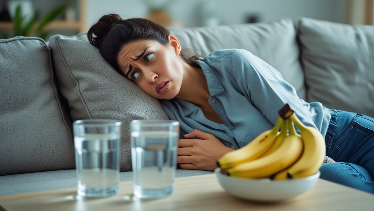 Worried young woman with stomach pain lying on a couch with water and bananas nearby