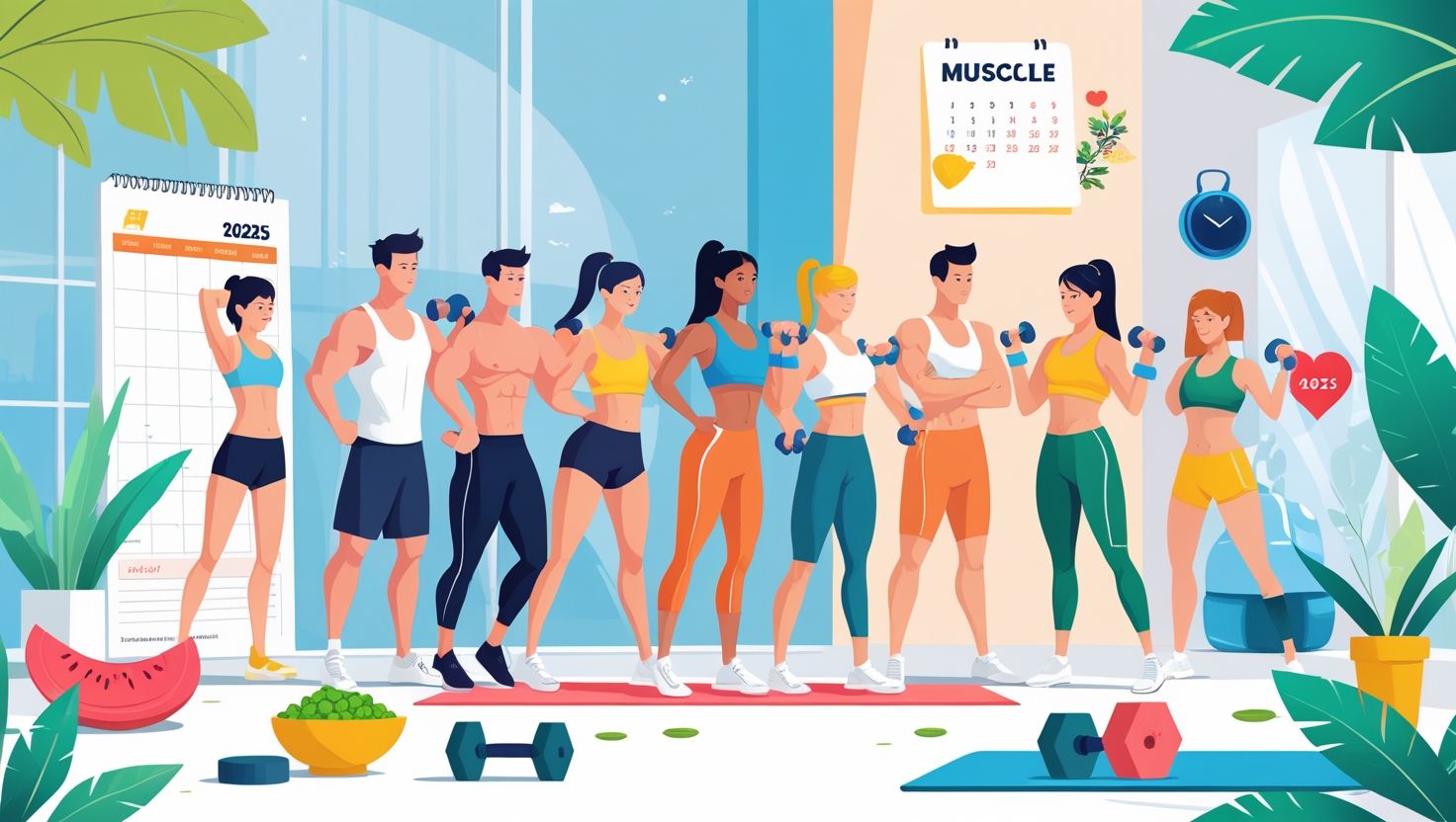 Group of men and women exercising together in a bright gym, highlighting fitness goals for 2025.