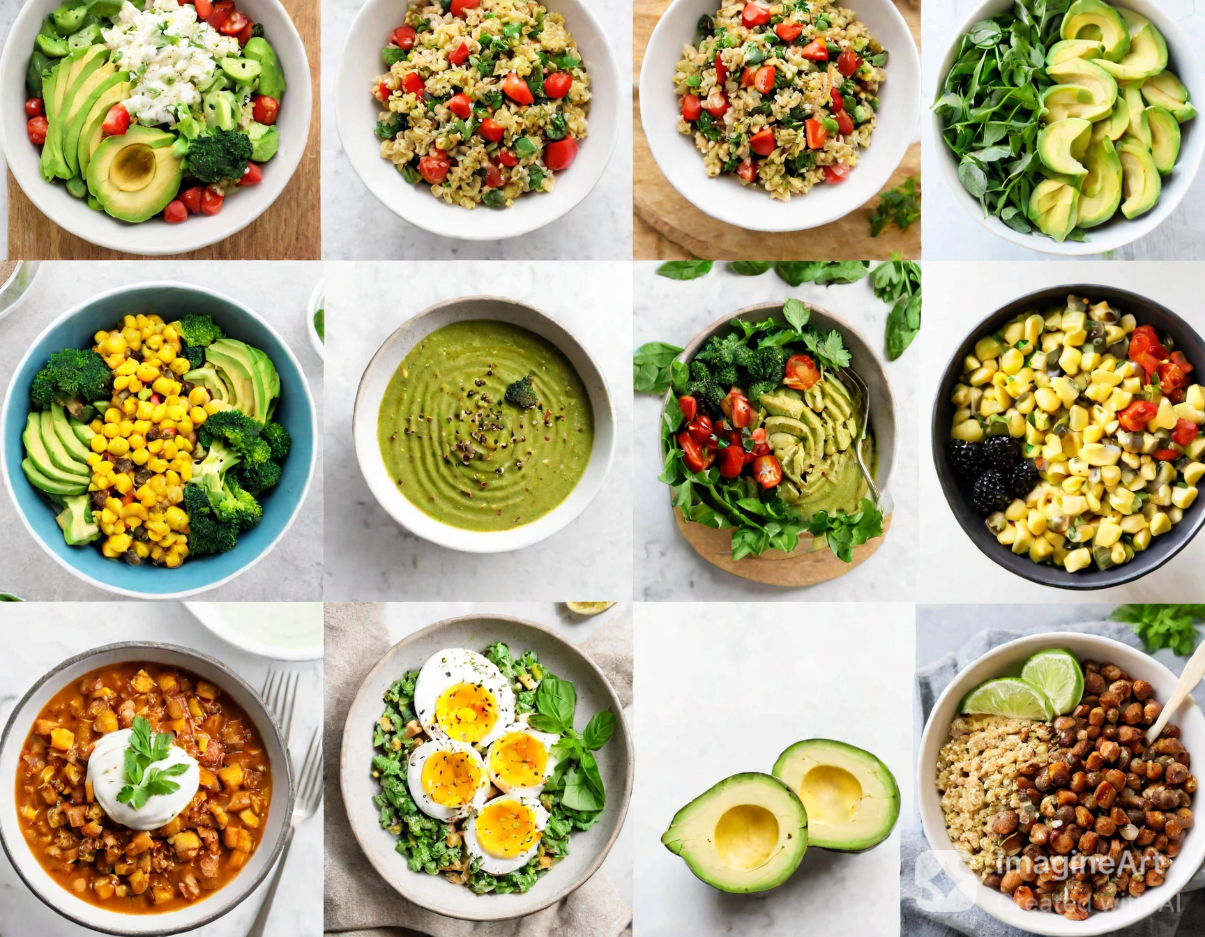 A grid of 12 colorful and healthy meal bowls featuring avocados, vegetables, grains, soups, and eggs, arranged aesthetically for a balanced diet and weight loss inspiration.