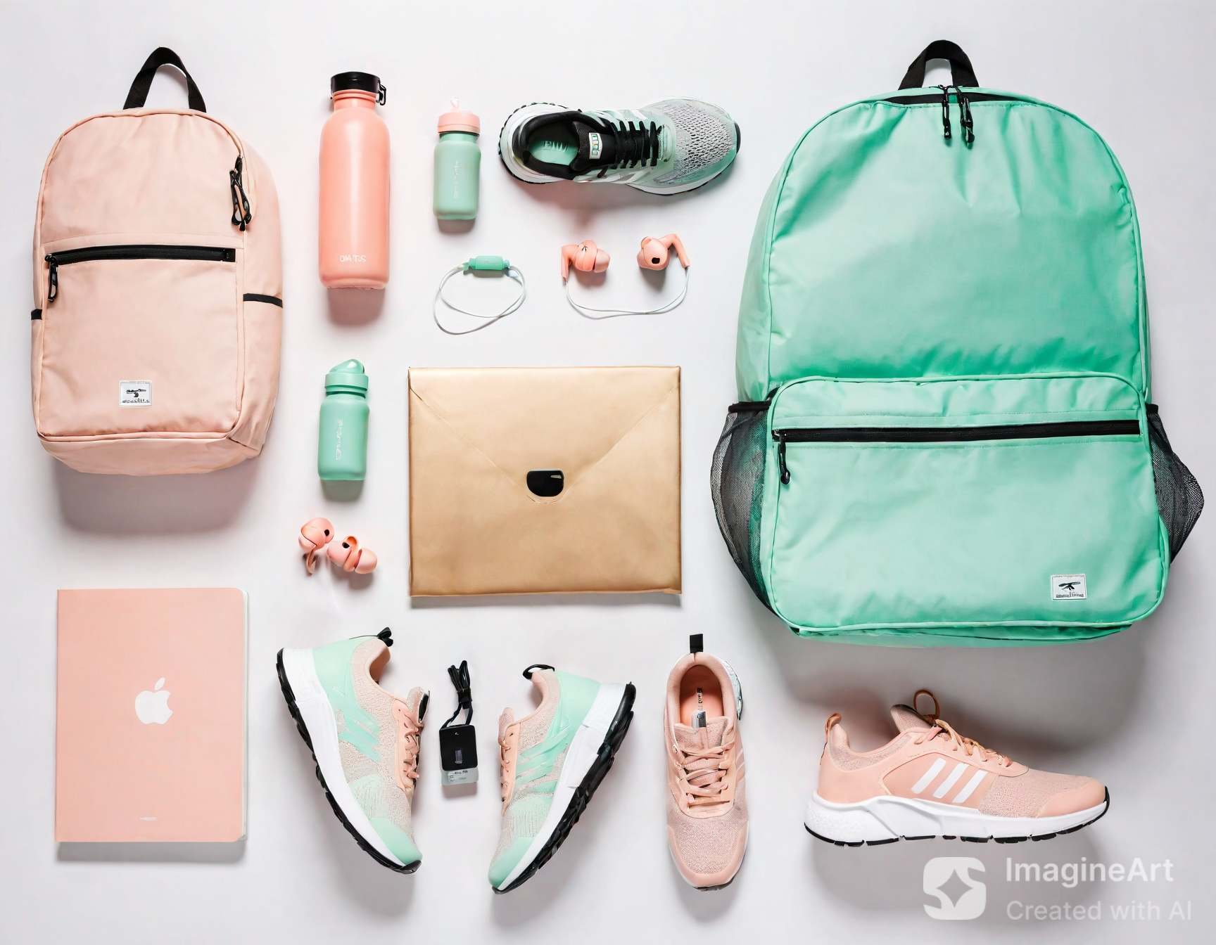 Flat lay of stylish and affordable gym bags, sneakers, and accessories in pastel colors for women.