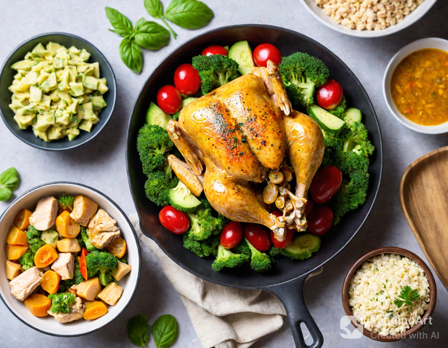 A delicious, golden-brown roasted chicken served in a black skillet, surrounded by fresh vegetables like broccoli, cherry tomatoes, and cucumber, with bowls of avocado salad, brown rice, and a tangy sauce on the side.
