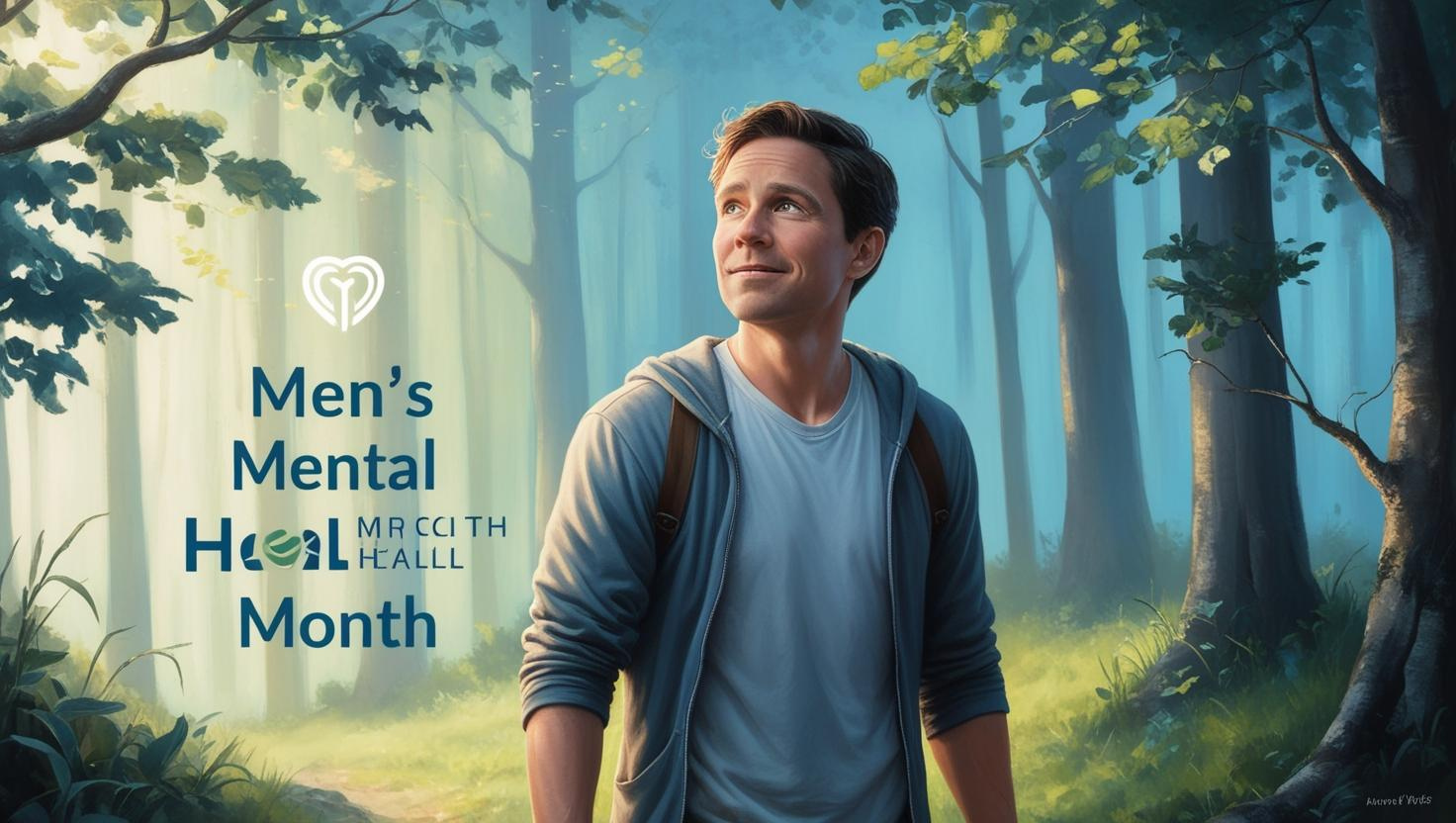 "A man in his early 30s standing outdoors, reflecting on his mental health in a peaceful natural environment. The image conveys strength, vulnerability, and the importance of mental health awareness for men."