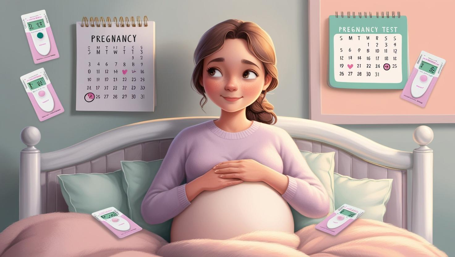 A young woman sitting on a couch, looking thoughtful while holding her lower belly — representing early pregnancy symptoms.