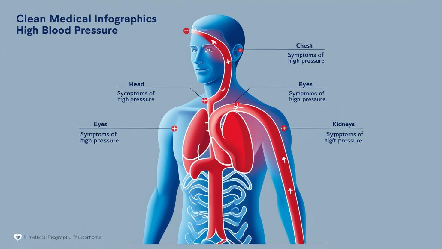 Infographic showing the human body with highlighted areas (head, eyes, chest, kidneys) where symptoms of high blood pressure may appear