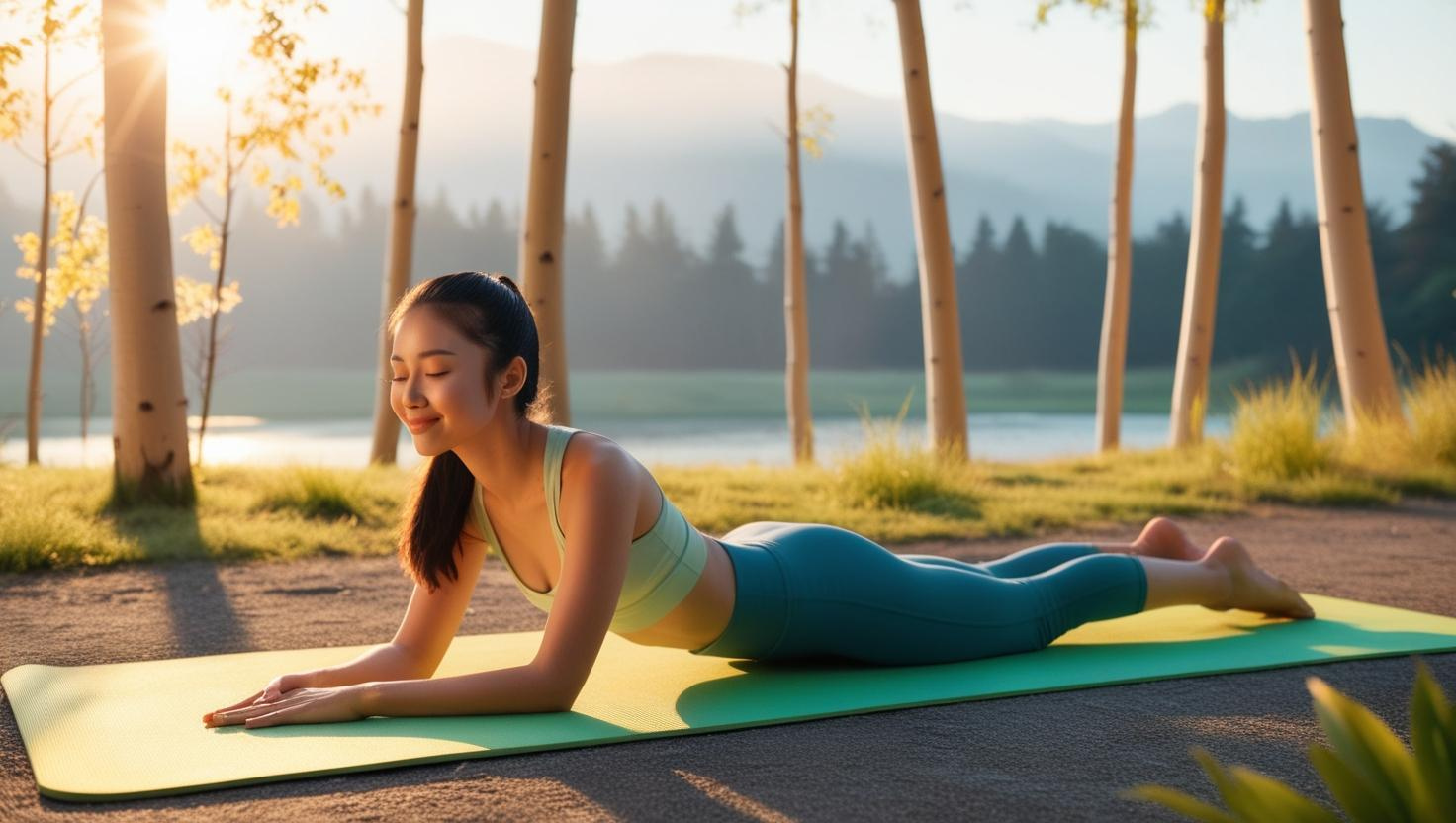 A young woman doing a yoga stretch on a green mat outdoors at sunrise, surrounded by trees and nature, symbolizing stress relief and reduced cortisol levels.