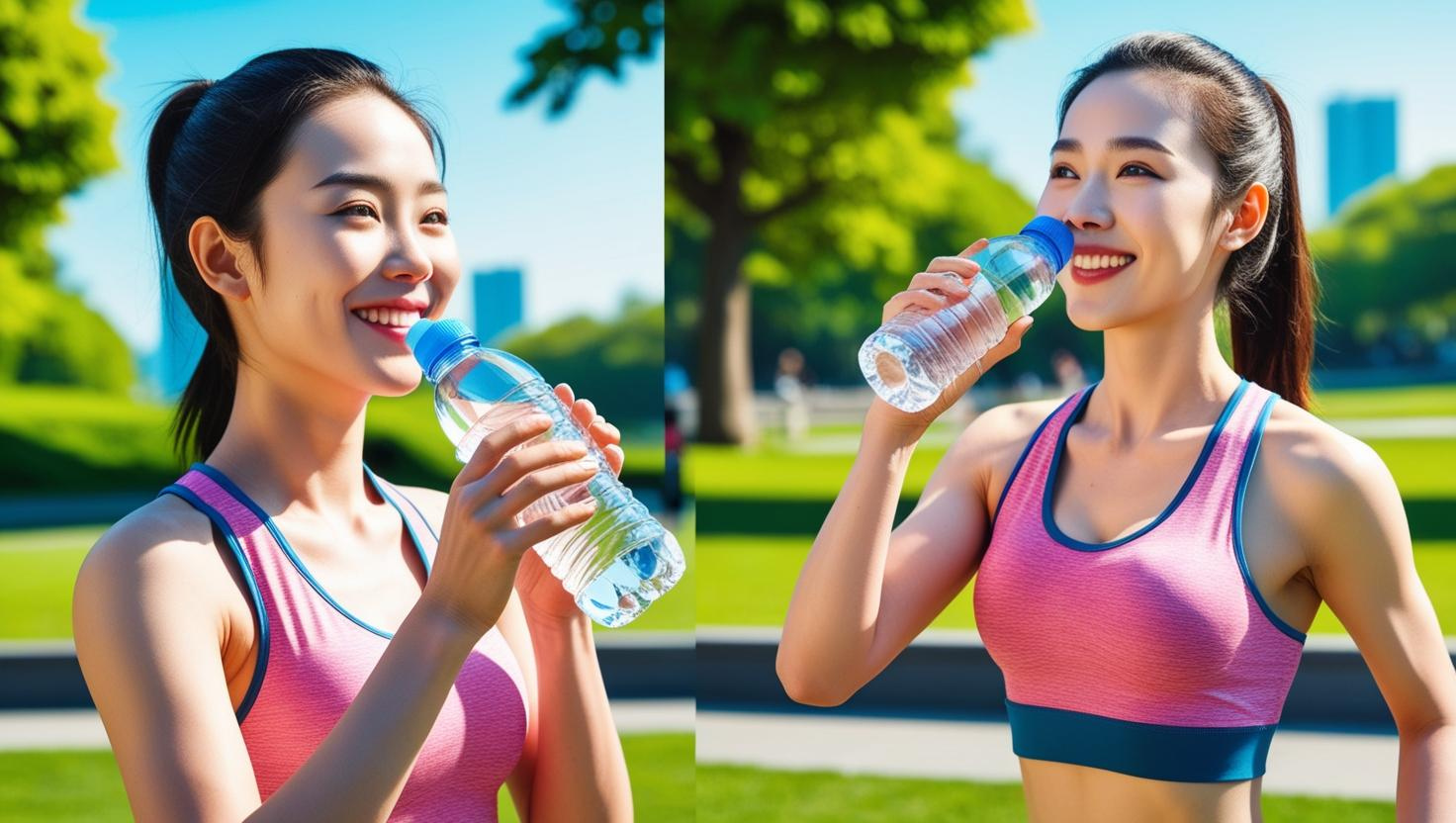 Young athletic woman drinking water outdoors, showing how hydration reduces stress and improves fitness.