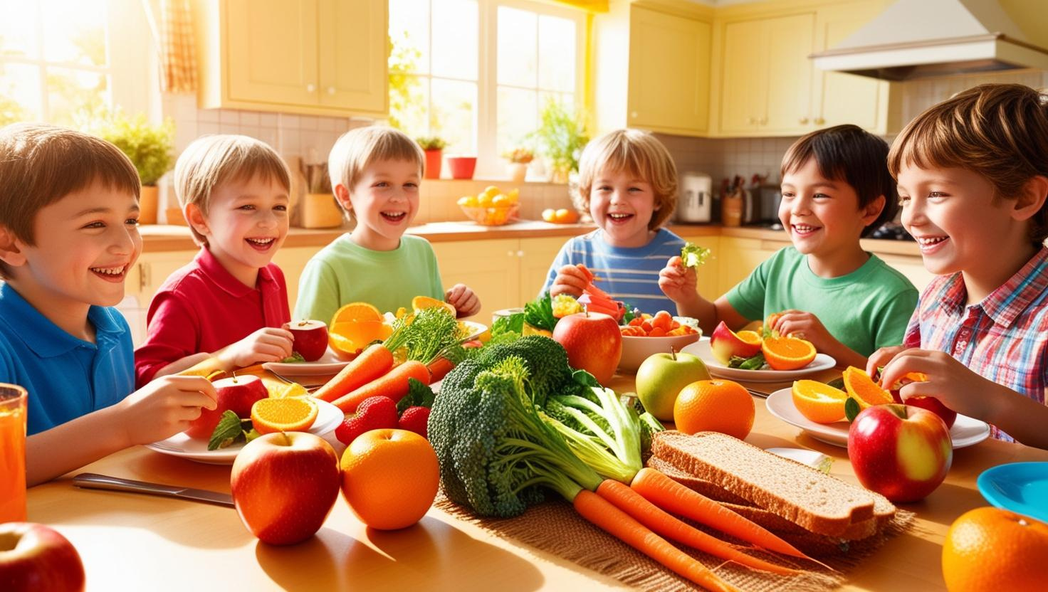 Children smiling and eating a healthy meal of fruits, vegetables, and whole grains at home