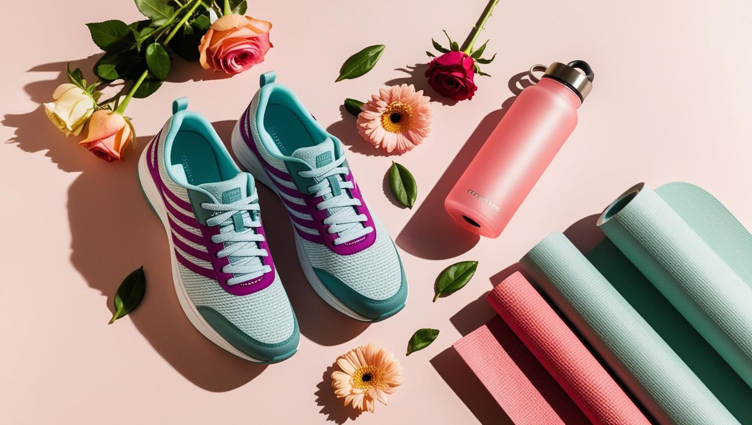 Women's walking shoes with fitness accessories in a light pastel flat lay, perfect for a health and fitness blog."