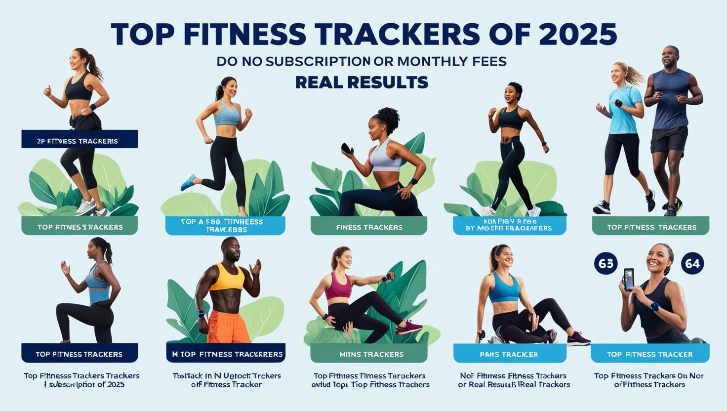A diverse group of men and women demonstrating fitness activities while showcasing top fitness trackers of 2025 that require no subscription or monthly fees.