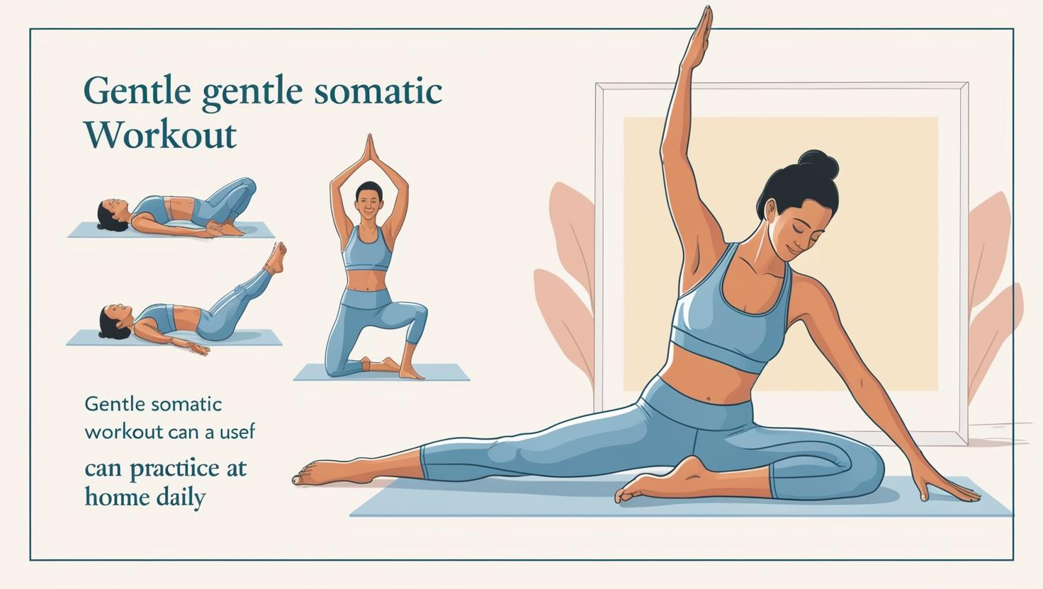 Woman performing gentle somatic workout at home with no equipment, showing daily poses
