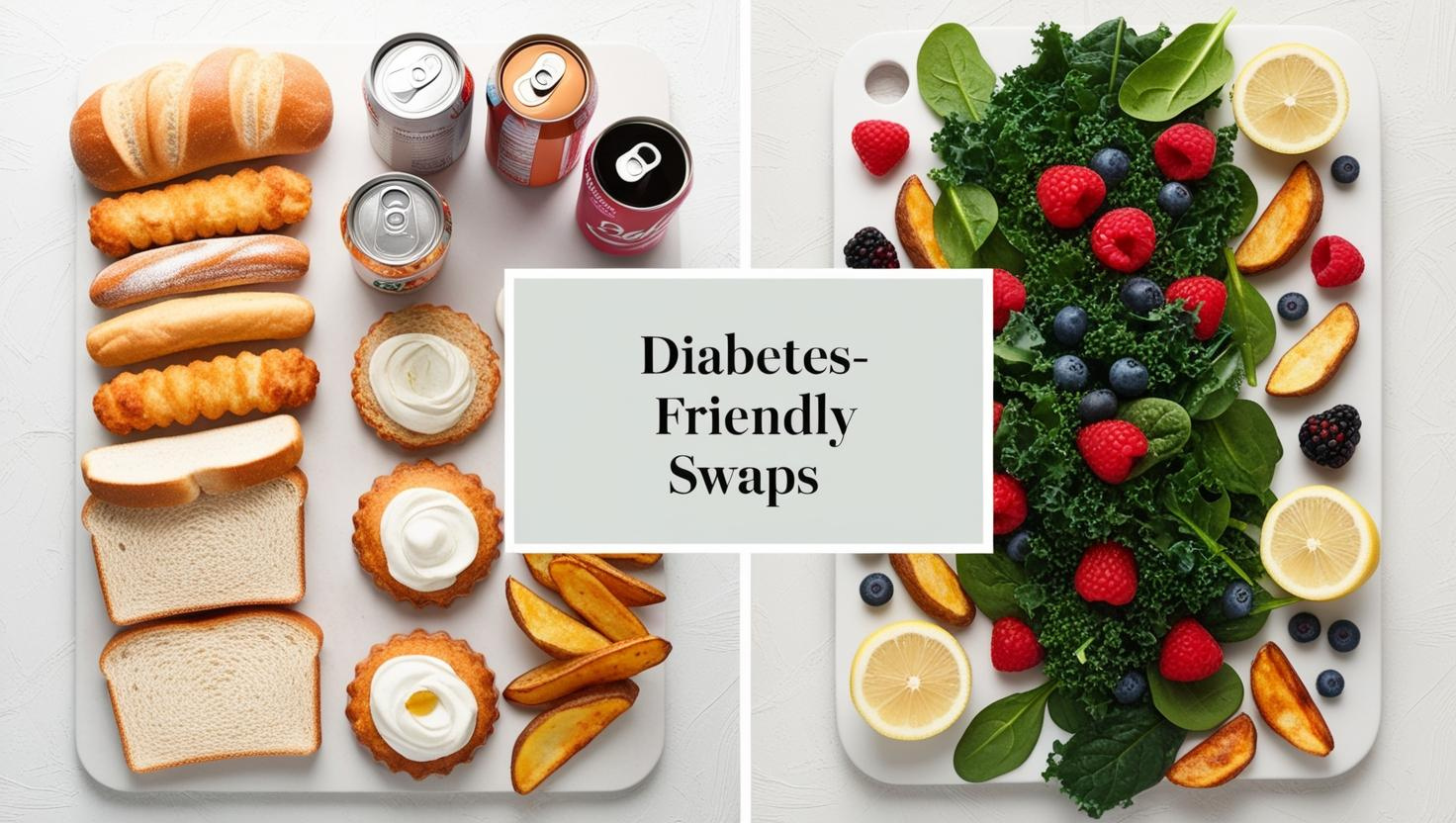 "Flat lay image showing unhealthy foods on one side (white bread, pastries, soda, fried foods) and healthy alternatives on the other side (leafy greens, berries, lemon, whole foods), with a label reading 'Diabetes-Friendly Swaps'