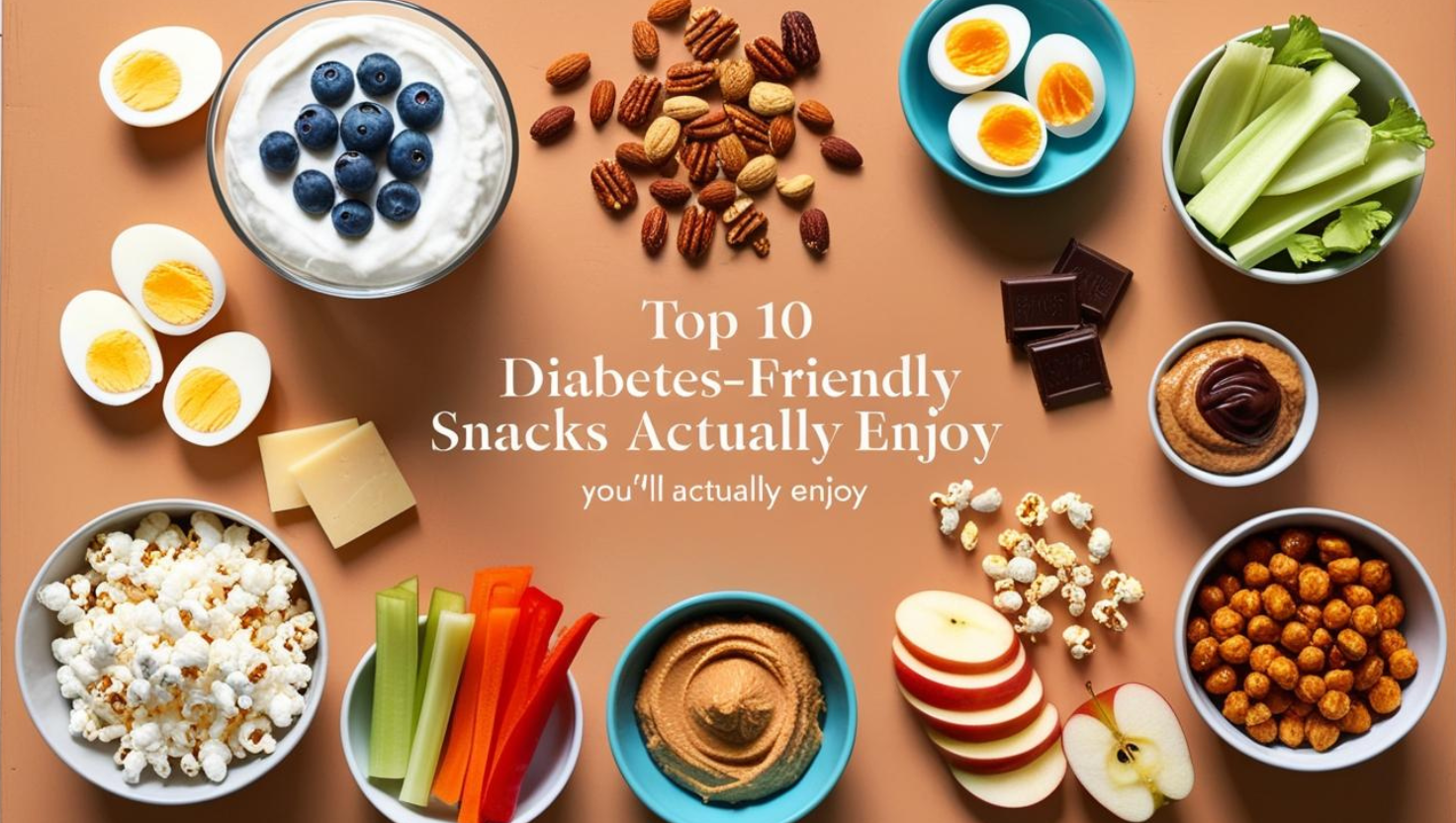 A colorful flat lay of diabetes-friendly snacks including Greek yogurt with blueberries, hard-boiled eggs, nuts, celery sticks, dark chocolate, popcorn, cheese slices, hummus with veggie sticks, apple slices with peanut butter, and roasted chickpeas.