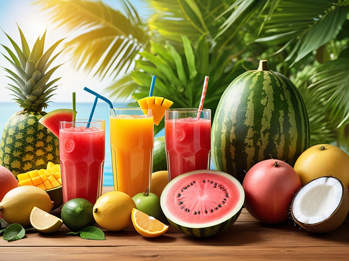 "Top 7 Best Fruits to Eat in Summer for Health and Hydration featuring watermelon, mango, coconut, cucumber, litchi, muskmelon, and lemon with refreshing juices on a tropical background."