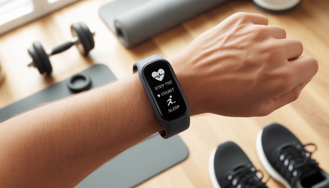 Fitness tracker on wrist showing heart rate and steps during workout