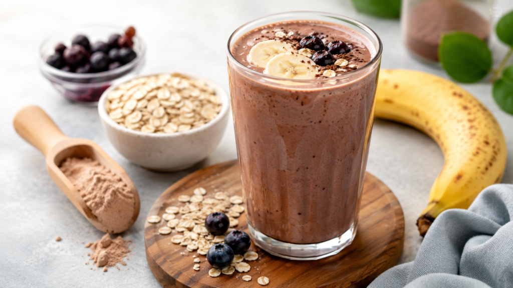 High-protein smoothie with banana, berries and oats