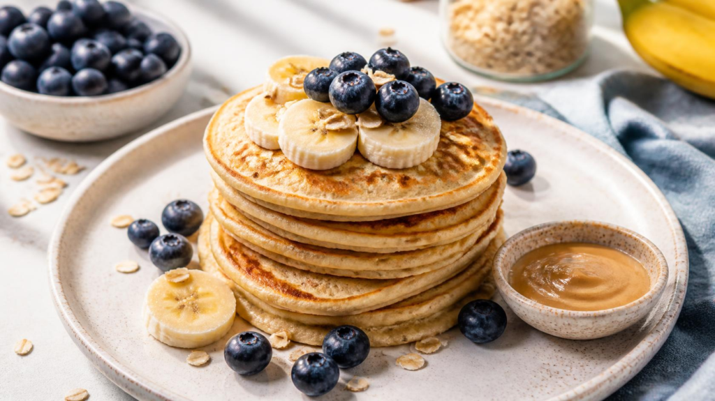 High-protein pancakes with blueberries and banana for a healthy breakfast