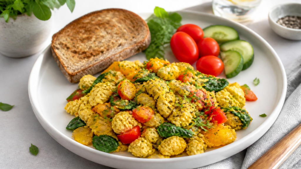 High-protein tofu scramble with spinach and bell peppers for breakfast