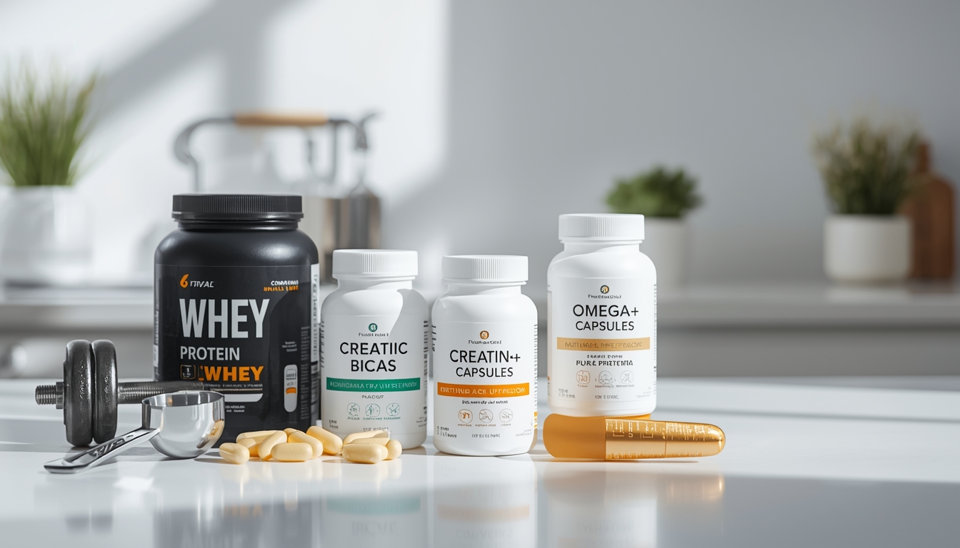 Natural bodybuilding supplements including whey protein, BCAAs, creatine, and omega-3 capsules for muscle gain