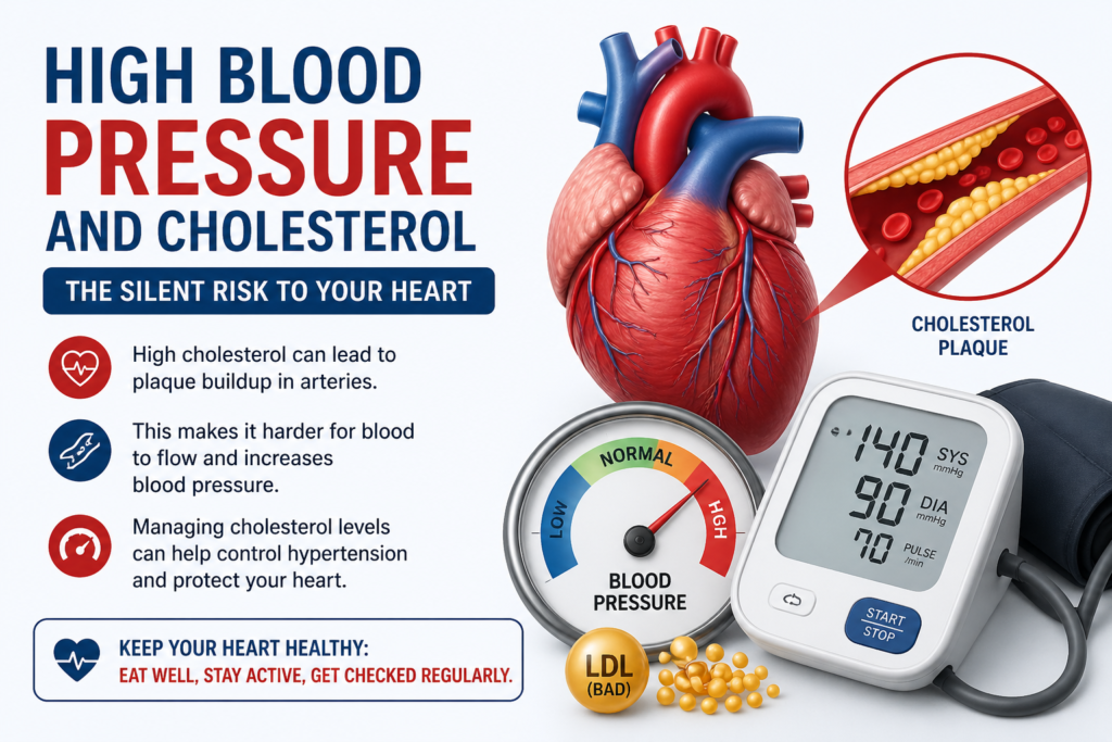Infographic showing high blood pressure and cholesterol impact on heart, including artery plaque buildup and blood pressure monitor.