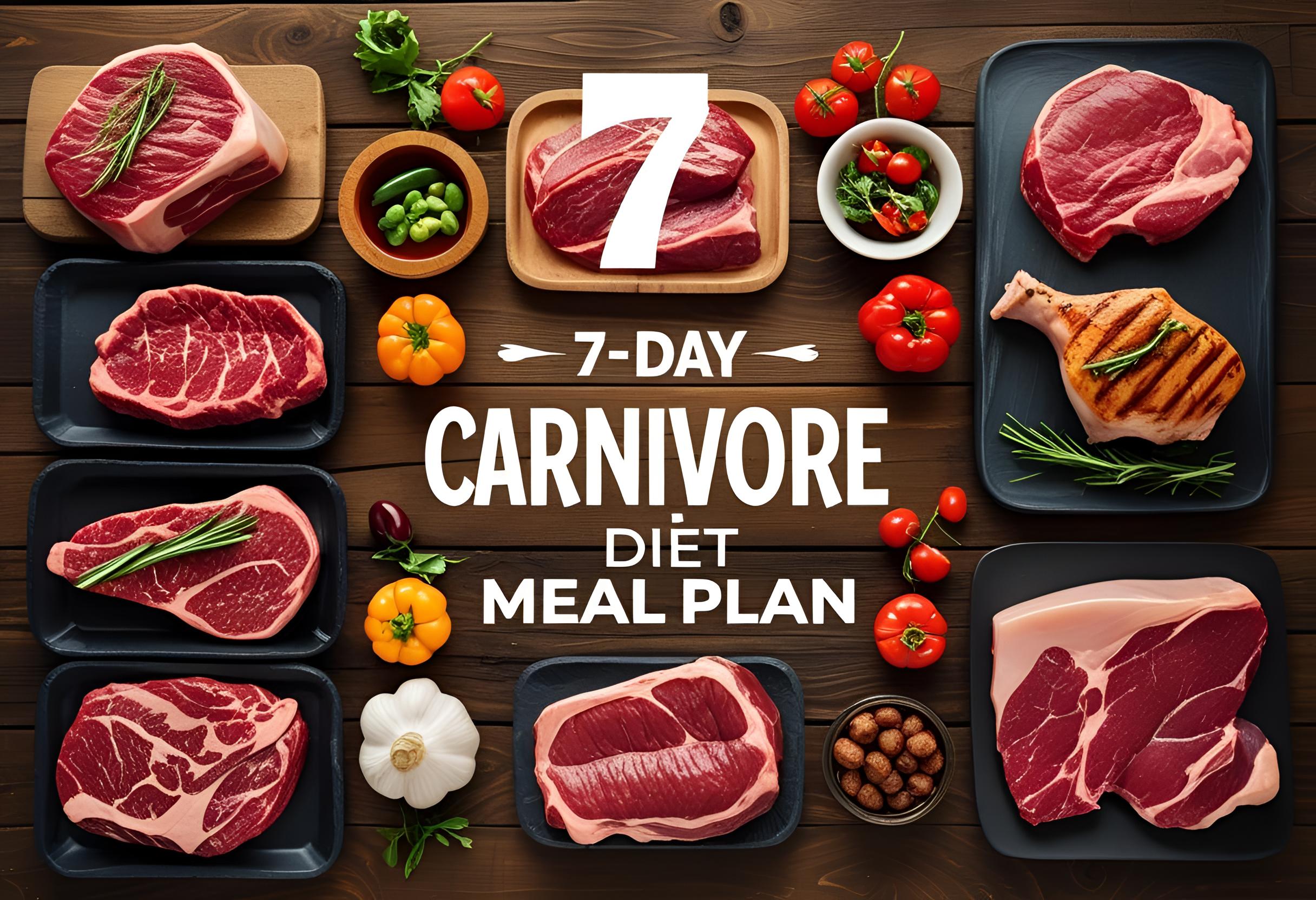 Flat lay of raw meat cuts and grilled chicken arranged around "7-Day Carnivore Diet Meal Plan" text on a rustic wooden background