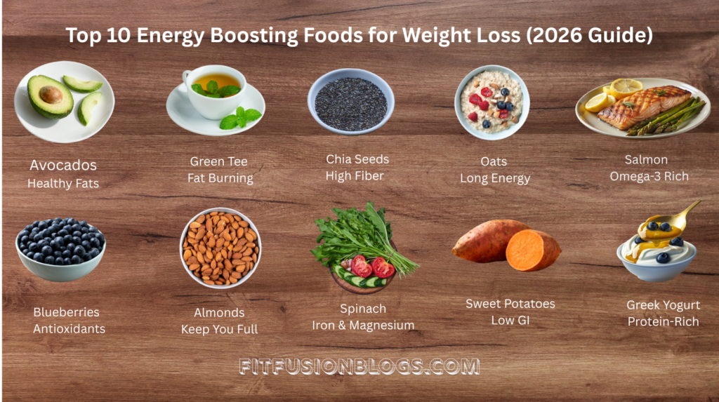 Healthy foods list for weight loss including avocado, oats, salmon, and green tea