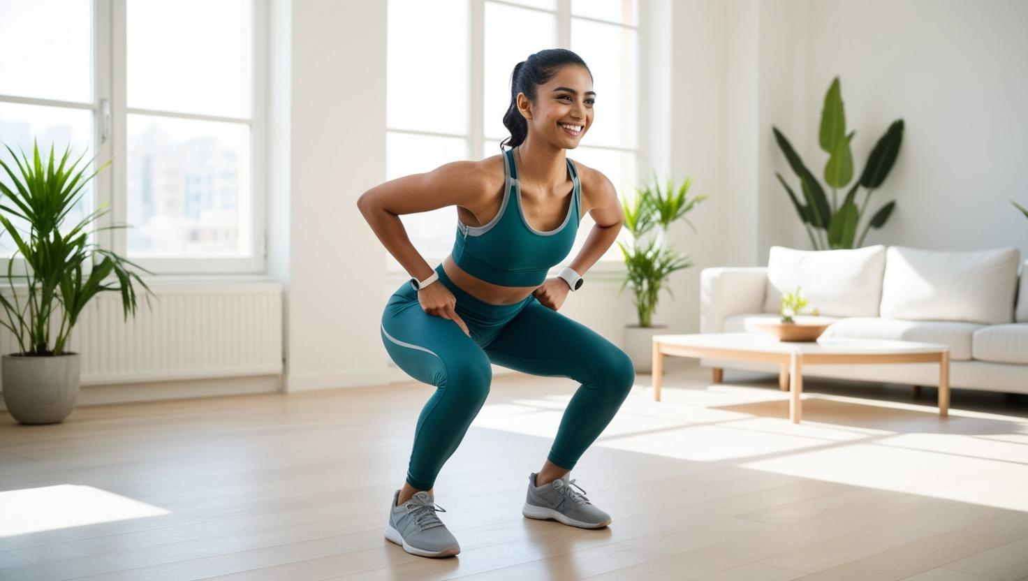 "Woman doing easy weight loss exercises at home for women in living room"
