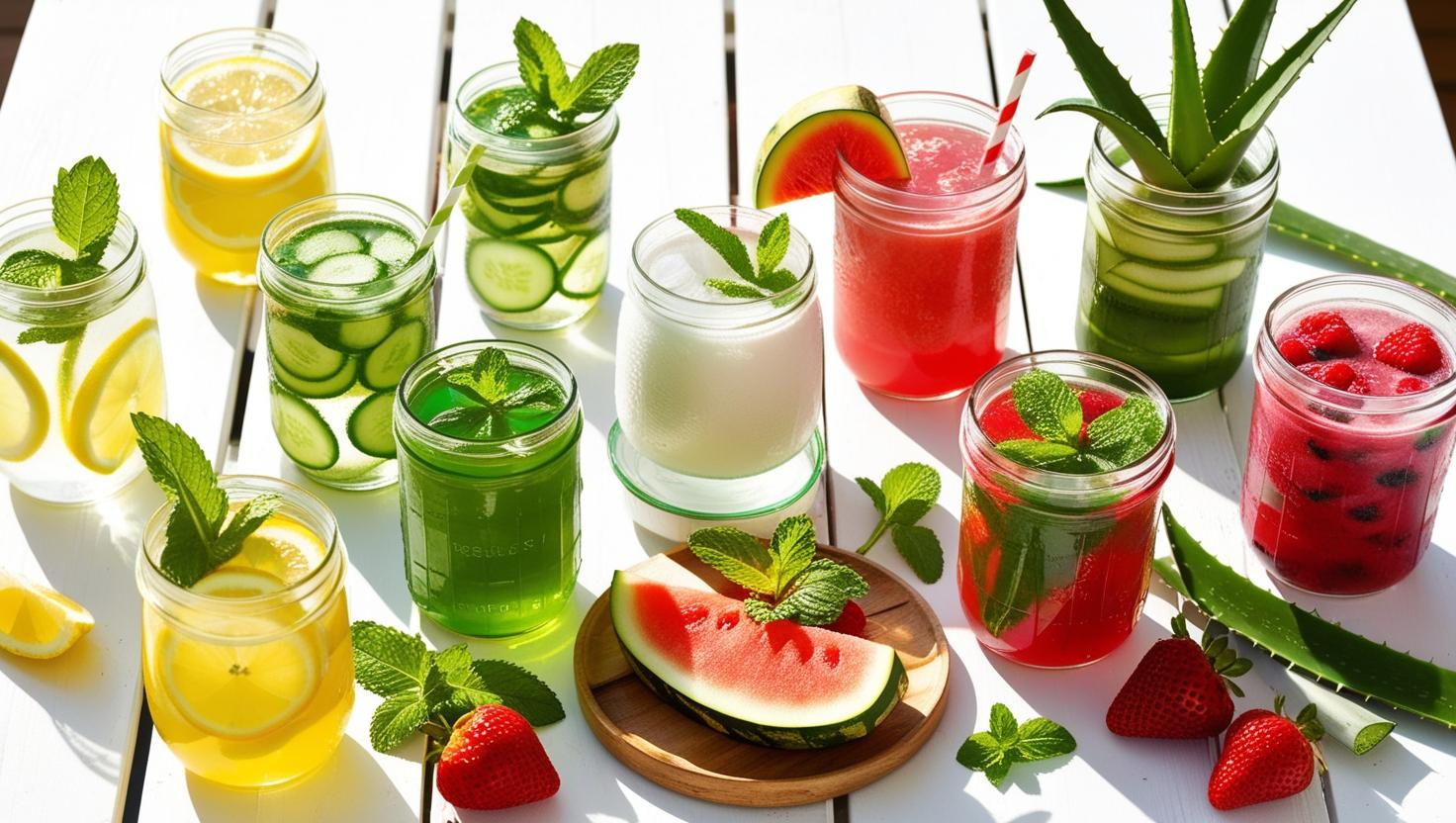 “Top 7 healthy summer drinks for weight loss and hydration including lemon water, cucumber mint water, watermelon juice, coconut water, green tea, aloe vera juice, and berry smoothie.”