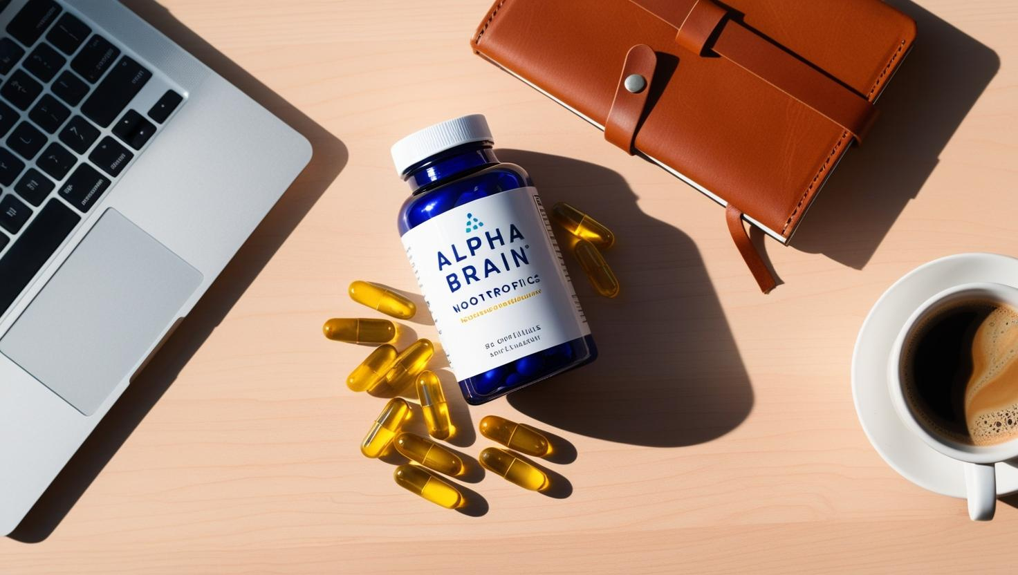 Alpha Brain nootropic supplement bottle with capsules on a desk next to a laptop and coffee
