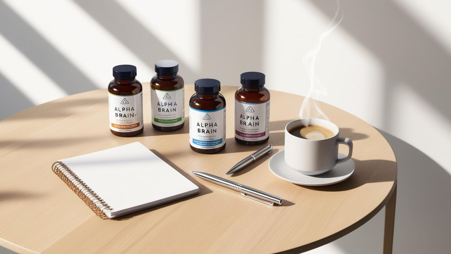 “Alpha Brain and other nootropic supplements with notebook and coffee on table symbolizing focus and productivity.”