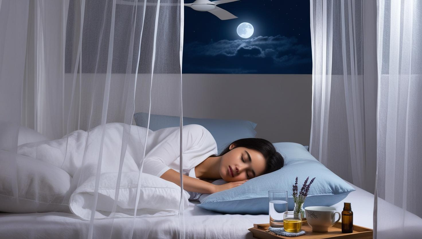 Woman sleeping peacefully in a cool bedroom with breathable bedding, a fan, lavender essential oil, and herbal tea on the nightstand.