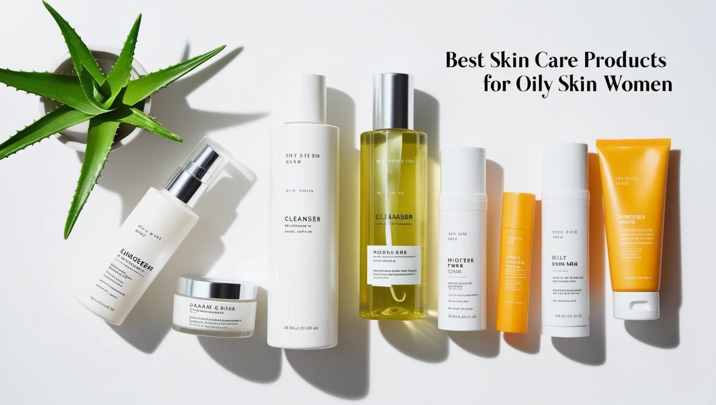Flat lay of the best skin care products for oily skin women, featuring cleansers, toners, moisturizers, and sunscreens with a fresh, minimalistic design.