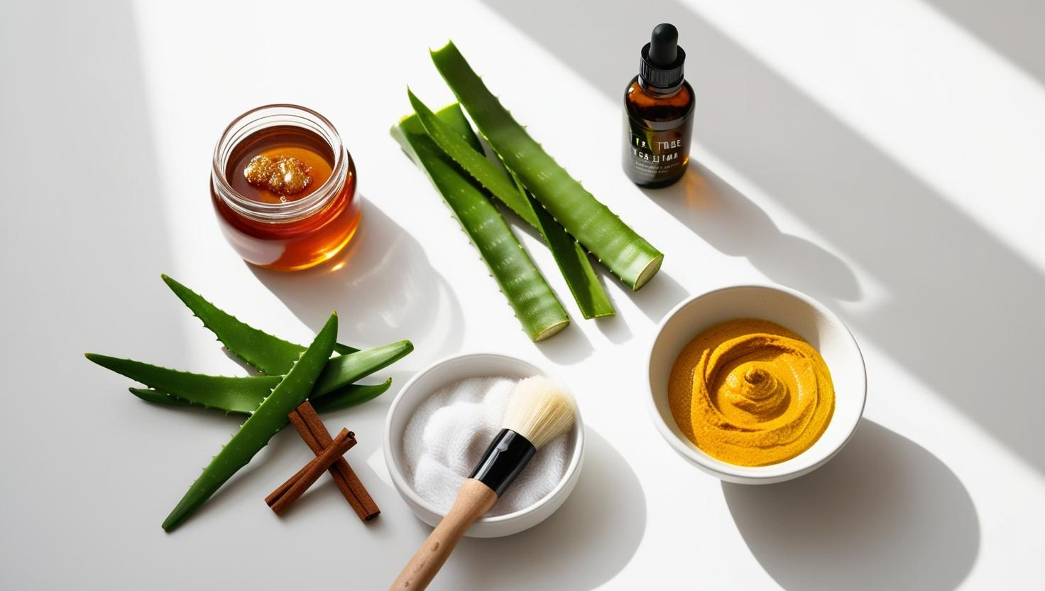 Home remedies for acne: honey, aloe vera, tea tree oil, turmeric mask, and cinnamon for oily skin care.