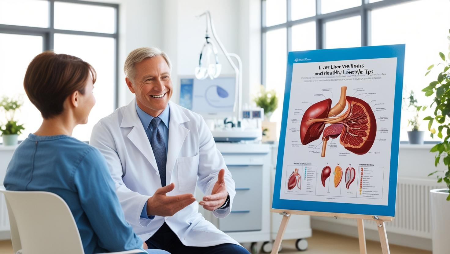 Health professional explaining fatty liver life expectancy and wellness tips with a liver diagram in a clinic.