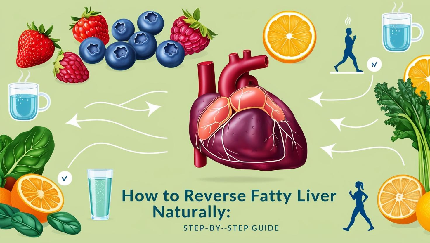 "Illustration of a healthy liver surrounded by fresh fruits, vegetables, herbal teas, water, and exercise icons, with a step-by-step flow indicating the natural recovery process for reversing fatty liver."