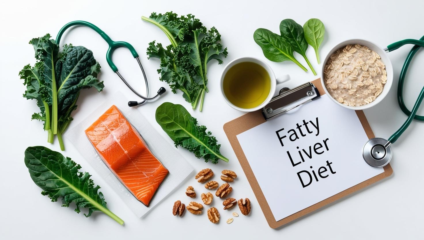 Flat lay of liver-friendly foods including leafy greens, fatty fish, nuts, green tea, and whole grains, with a clipboard labeled “Fatty Liver Diet”