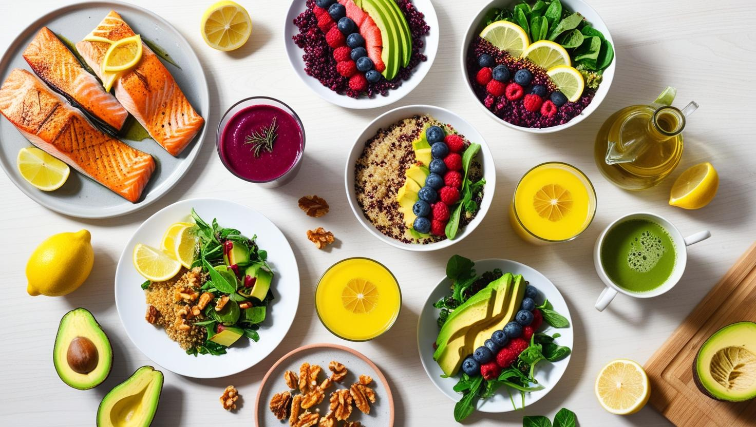 “Healthy liver-friendly meals including grilled salmon, leafy greens, quinoa, berries, and green tea on a bright kitchen table – part of a 7-day fatty liver meal plan”