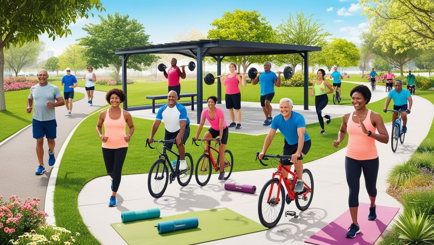 Group of diverse adults exercising outdoors in a park, engaging in cycling, jogging, strength training, and stretching.