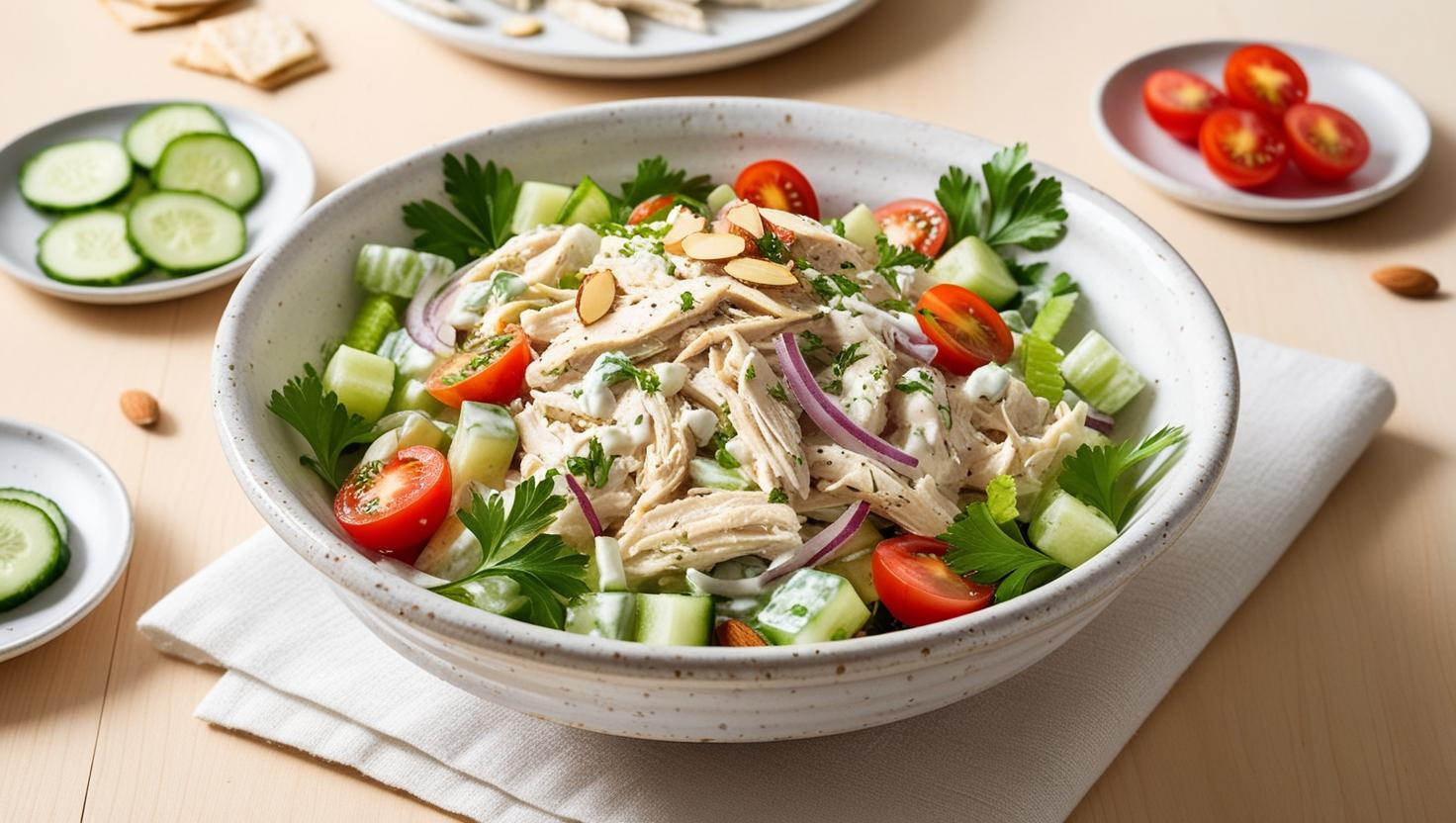 Healthy chicken salad with shredded chicken, Greek yogurt dressing, celery, cucumber, and parsley, served in a vibrant bowl for weight loss.