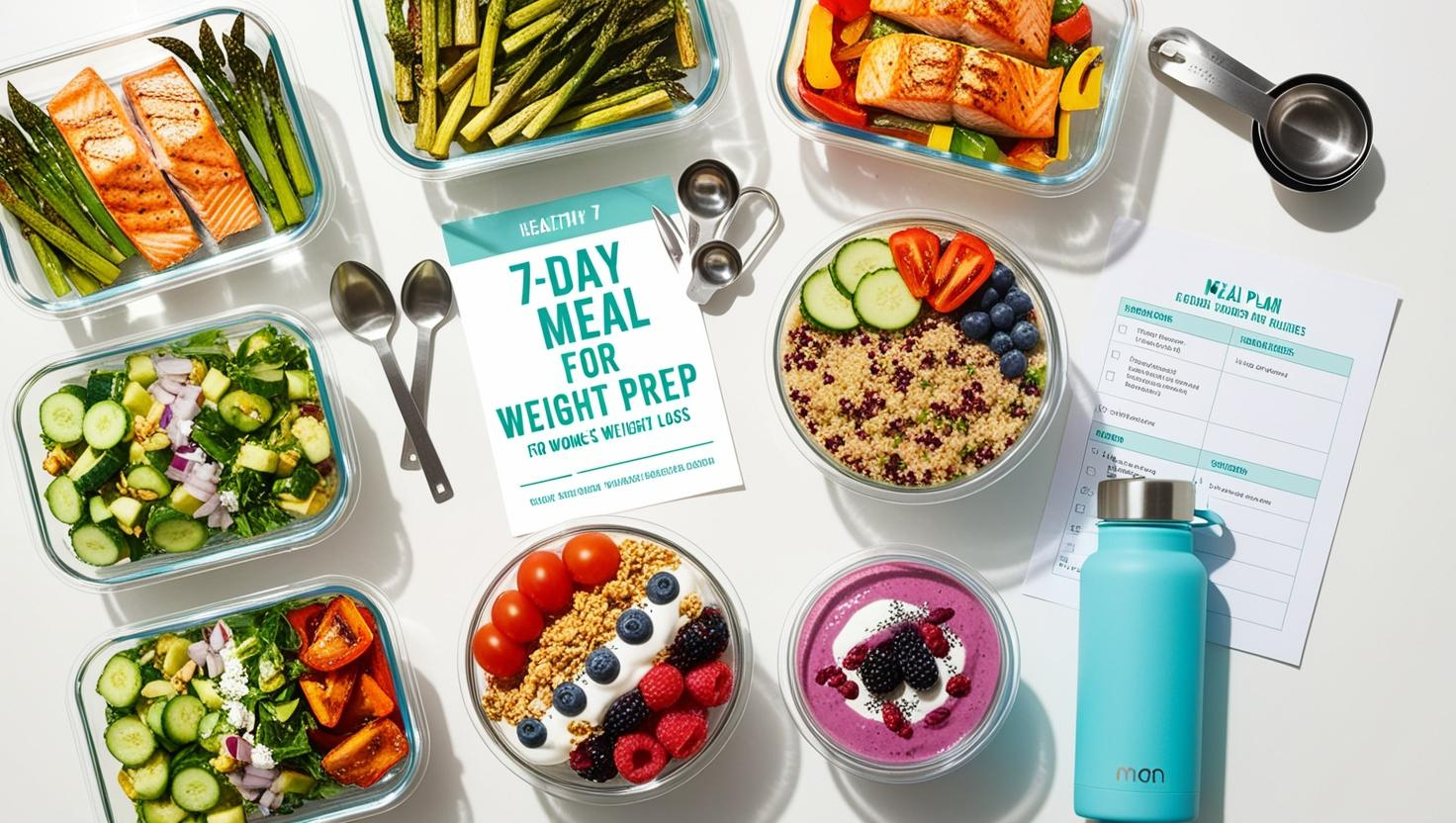Flat lay of healthy meal prep containers for a 7-day weight loss meal plan for women with colorful vegetables, lean protein, and a meal checklist.