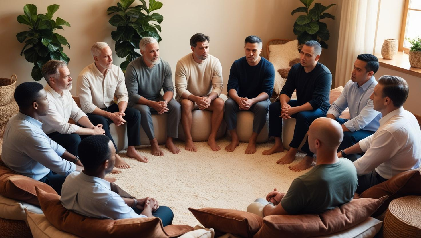 A group of diverse men sitting in a support circle, engaging in an open and emotional conversation in a comfortable, safe environment.