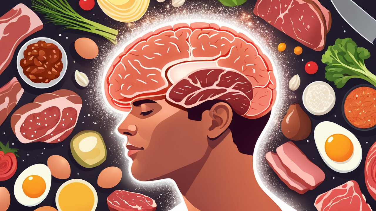 Person with glowing brain eating a carnivore diet of steak, fish, and eggs, symbolizing mental clarity and focus.