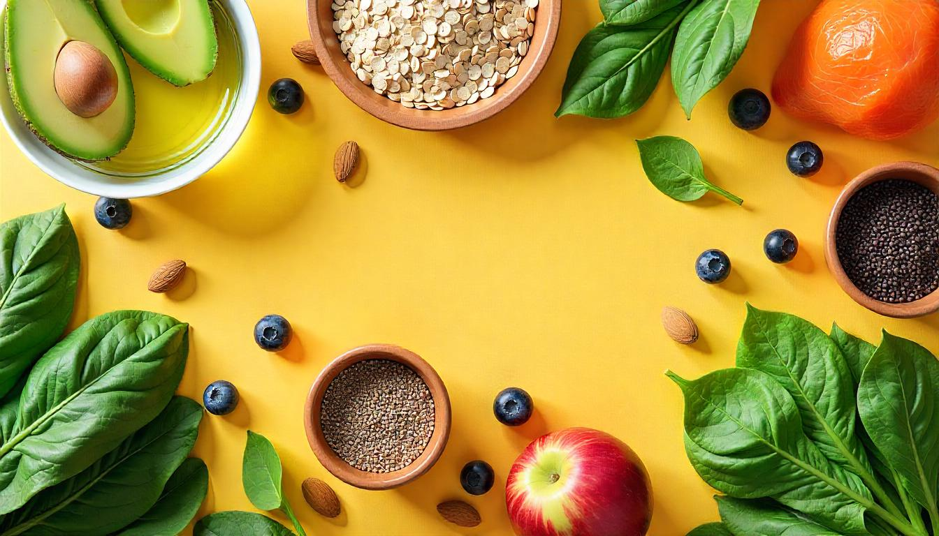 Assortment of energy boosting foods including chia seeds, green tea, avocados, oats, salmon, blueberries, almonds, and spinach arranged on a wooden table.
