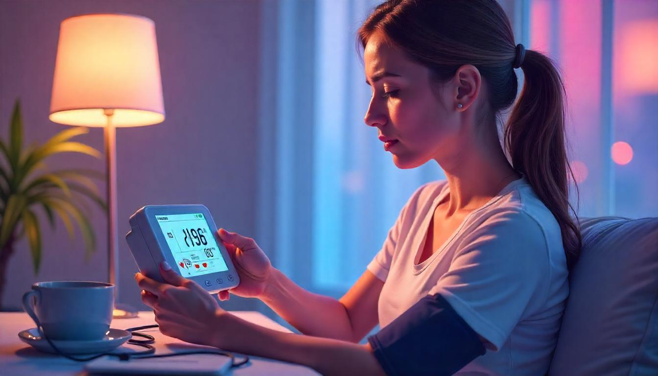 Woman checking her blood pressure with a monitor showing a low reading, representing symptoms of dangerous low blood pressure in women.