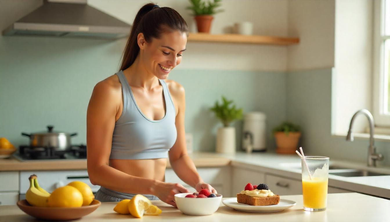 Woman in workout clothes preparing a healthy meal with bananas, yogurt, and water with salt, ideal for low blood pressure nutrition.